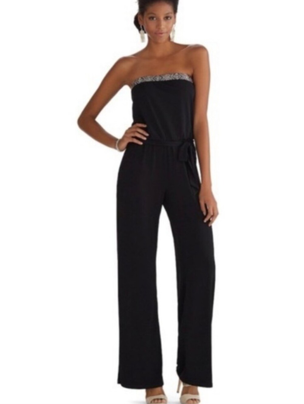 NWT WHBM Strapless Black Beaded Embellished Tie Waist Jumpsuit 0